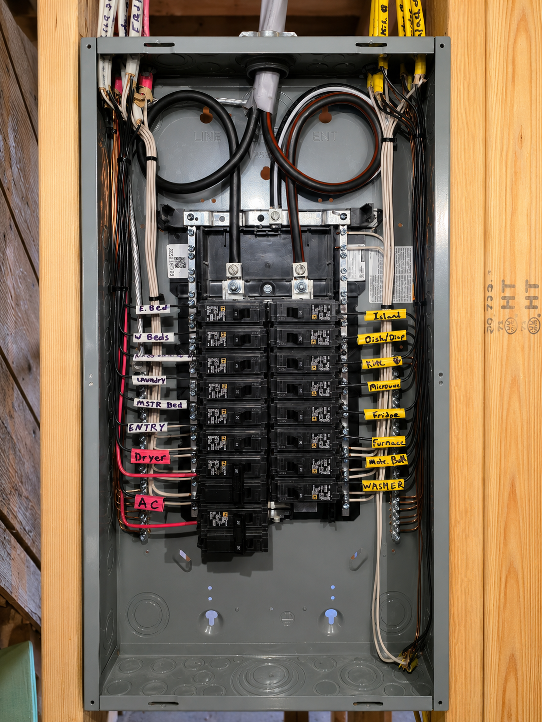 A clean, labeled residential electrical panel installed by Watts of Love Electric